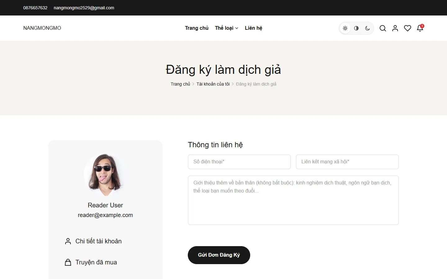 Biểu mẫu đăng ký làm dịch giả còn trống