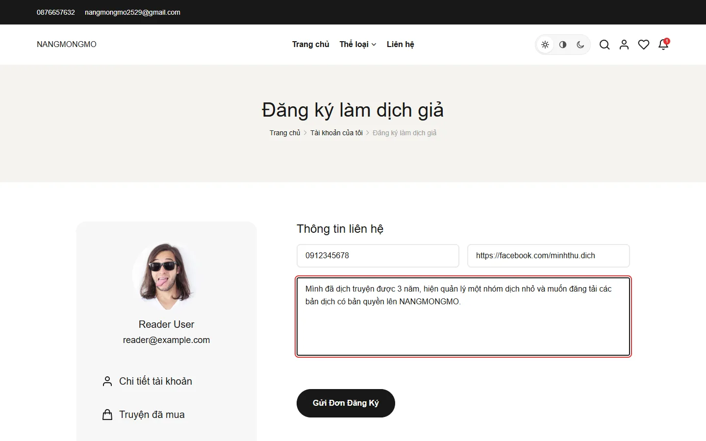 Biểu mẫu đăng ký dịch giả đã điền số điện thoại, liên kết mạng xã hội và lý do