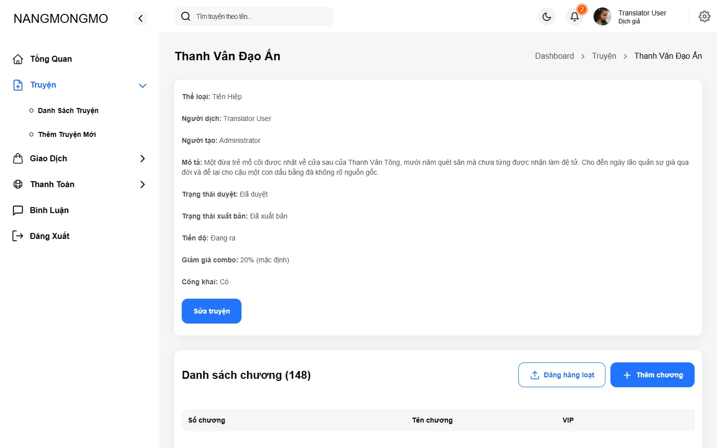 Trang chi tiết truyện trong khu vực quản trị