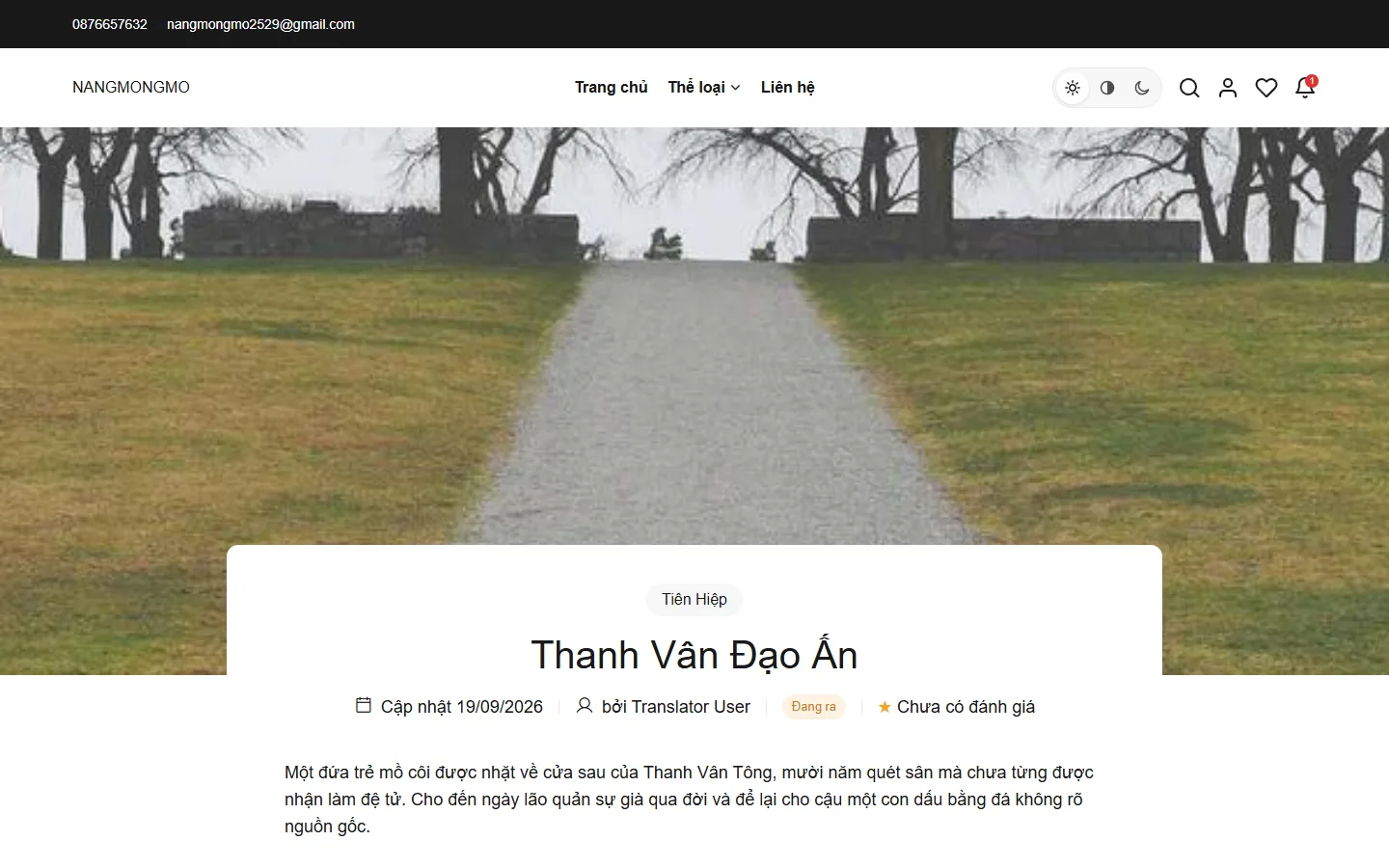 Trang chi tiết truyện hiển thị ảnh bìa, mô tả và các nút thao tác