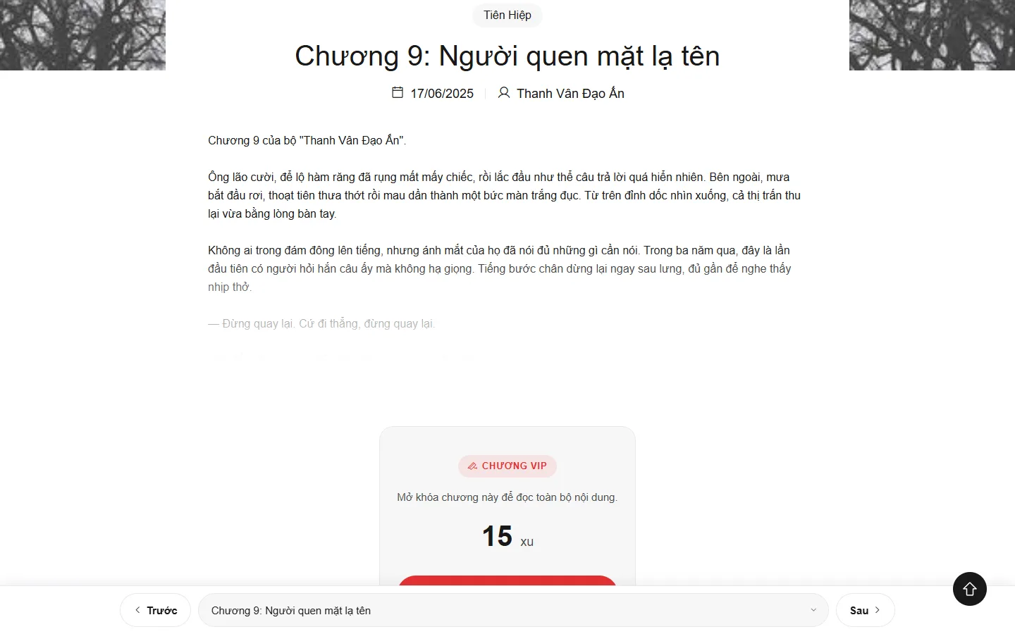 Thẻ mở khoá chương VIP hiển thị giá 15 xu và nút mở khoá