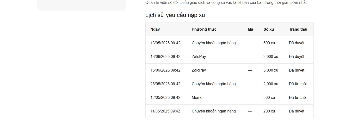 Bảng lịch sử yêu cầu nạp xu với các trạng thái đã duyệt và đã từ chối
