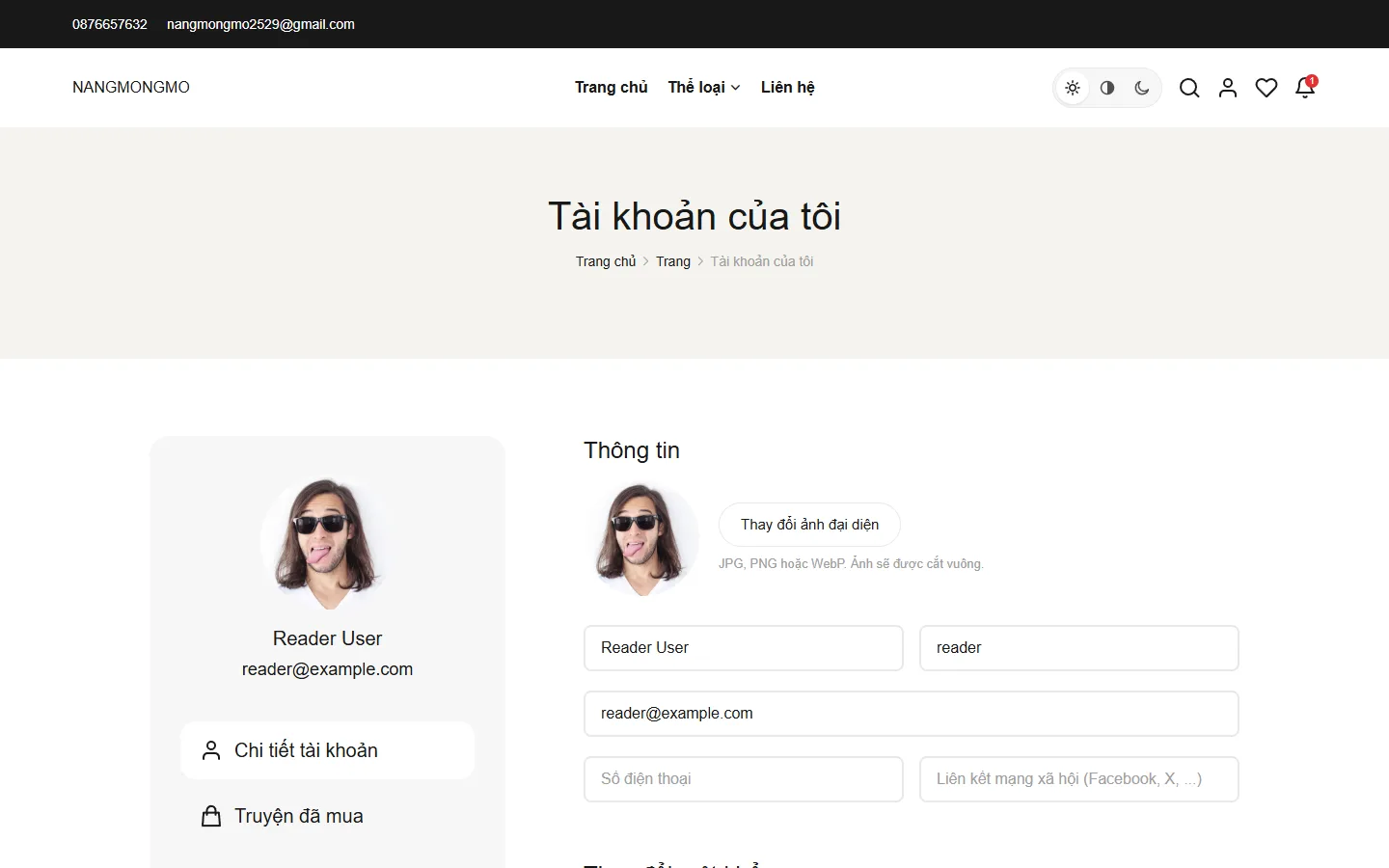 Trang chi tiết tài khoản với biểu mẫu thông tin cá nhân
